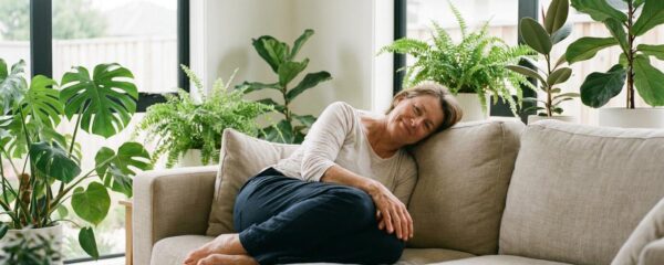 Personne détendue dans son salon lumineux, moment de bien-être quotidien avec résine CBD