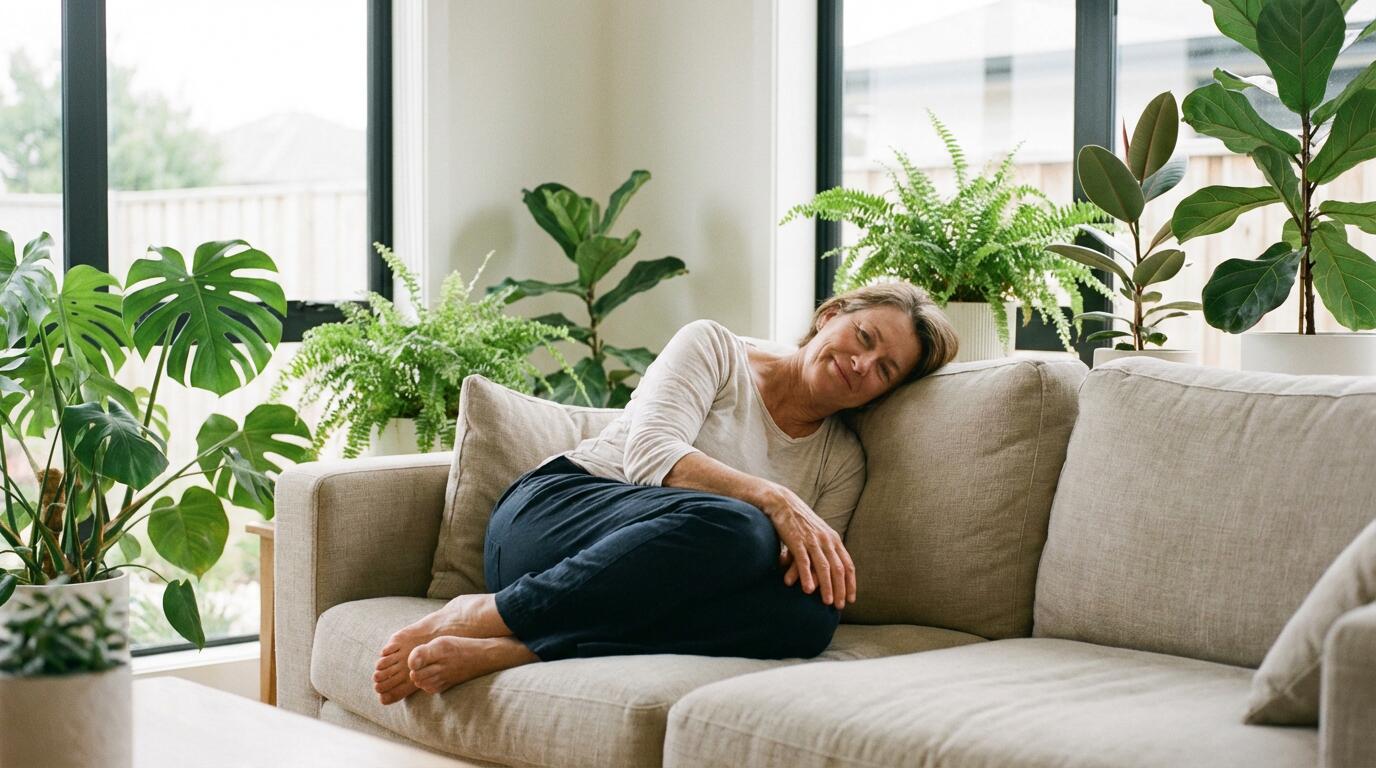 Personne détendue dans son salon lumineux, moment de bien-être quotidien avec résine CBD