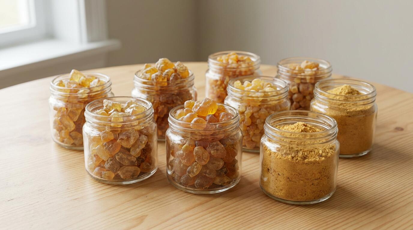 Différentes résines CBD dans contenants en verre sur table en bois, comparatif produits