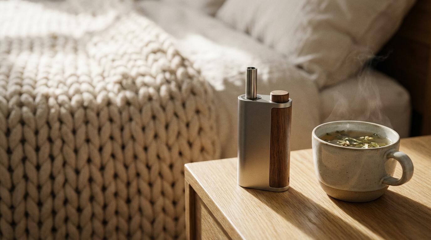 Vaporisateur portable posé sur table de chevet avec tasse de tisane, ambiance apaisante
