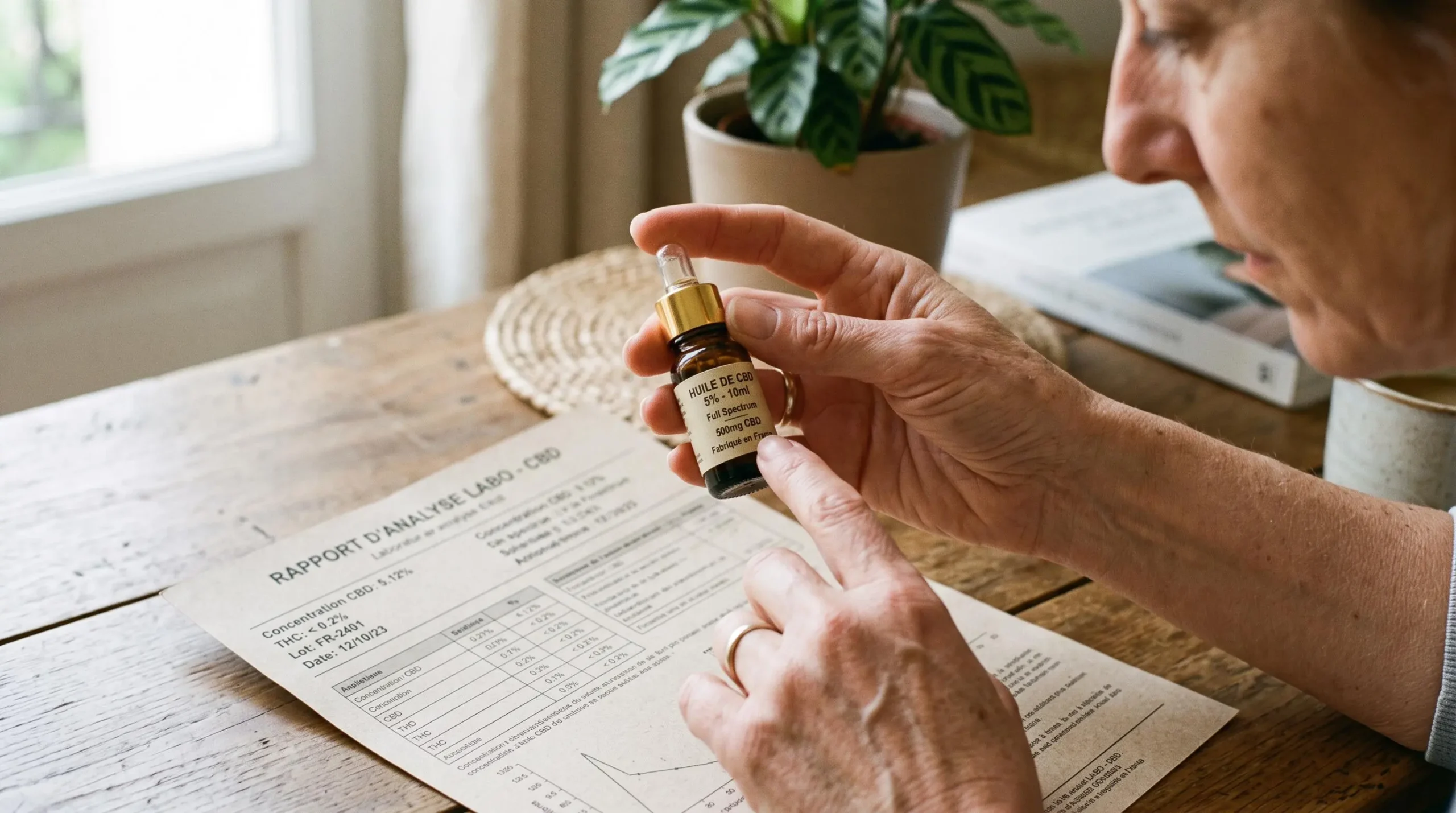 Des mains examinent un flacon de CBD et un document d'analyse sur une table.