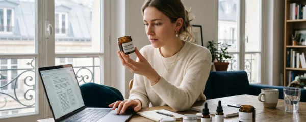 Une personne compare des produits CBD et son ordinateur portable avant de commander en ligne.