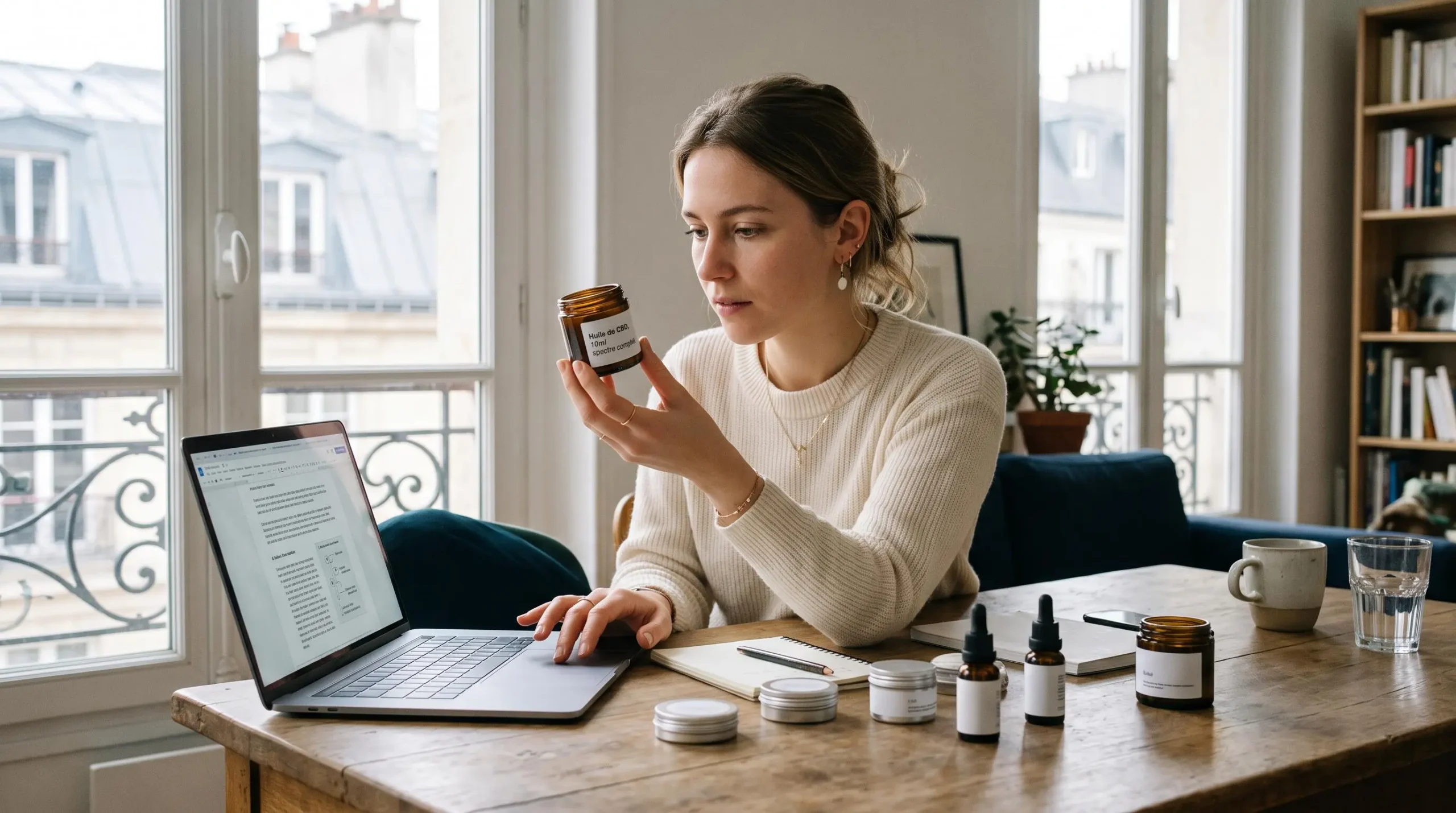 Une personne compare des produits CBD et son ordinateur portable avant de commander en ligne.